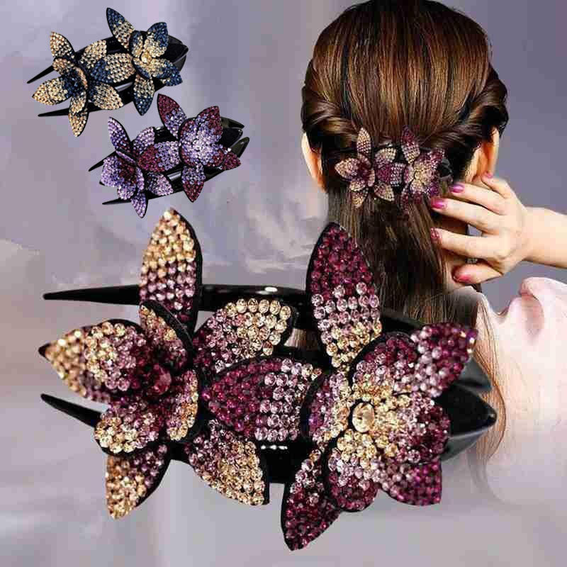 Double Flower Hair Clip with Rhinestones